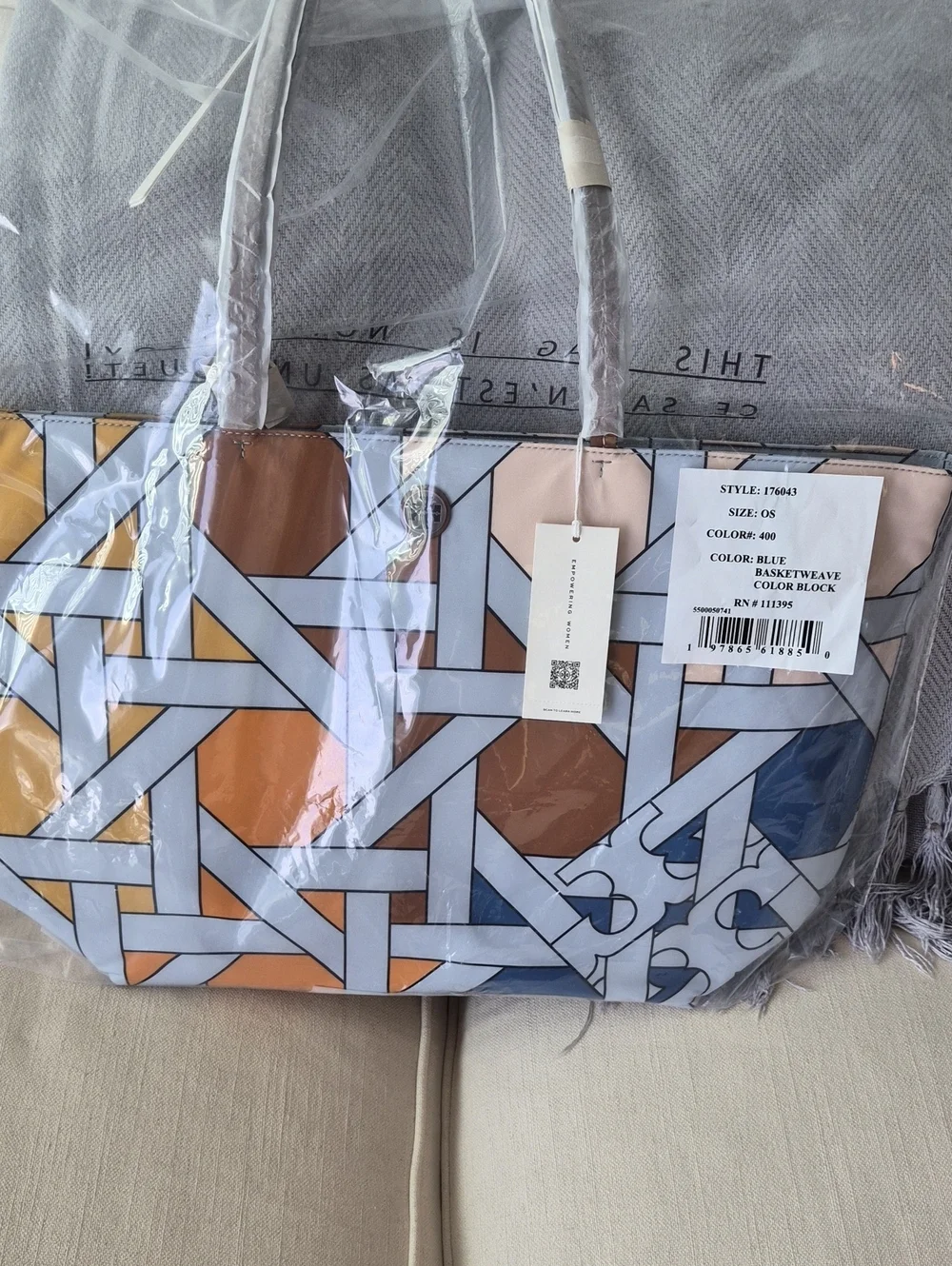 NWTs Tory Burch Basketweave Color Block Tote Bag - Blue/Tan